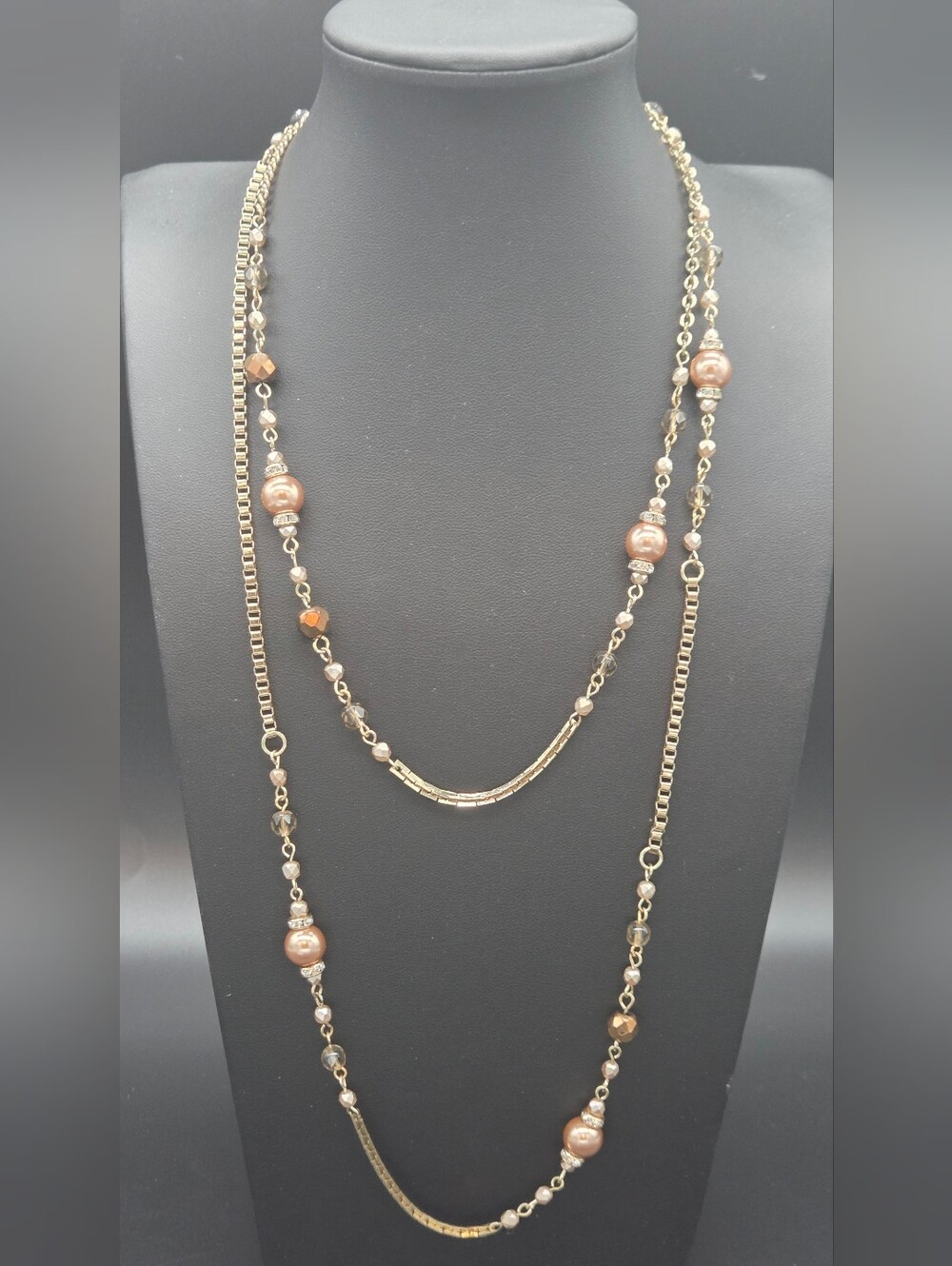 Elegant Sequin Brand Gold-Tone Layered Necklace with Champagne Pearls